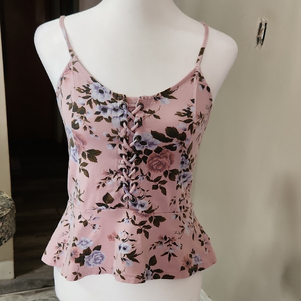 American Eagle Outfitters Pink Floral Lace-Up Camisole
